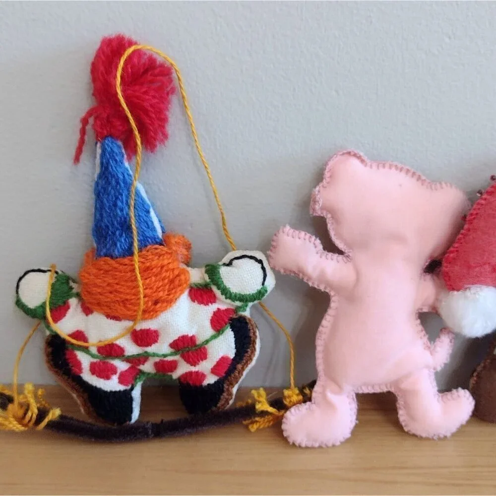 Vintage (3) Handmade Hand Stitched Stuffed Christmas Ornaments Crewel Clown Bear